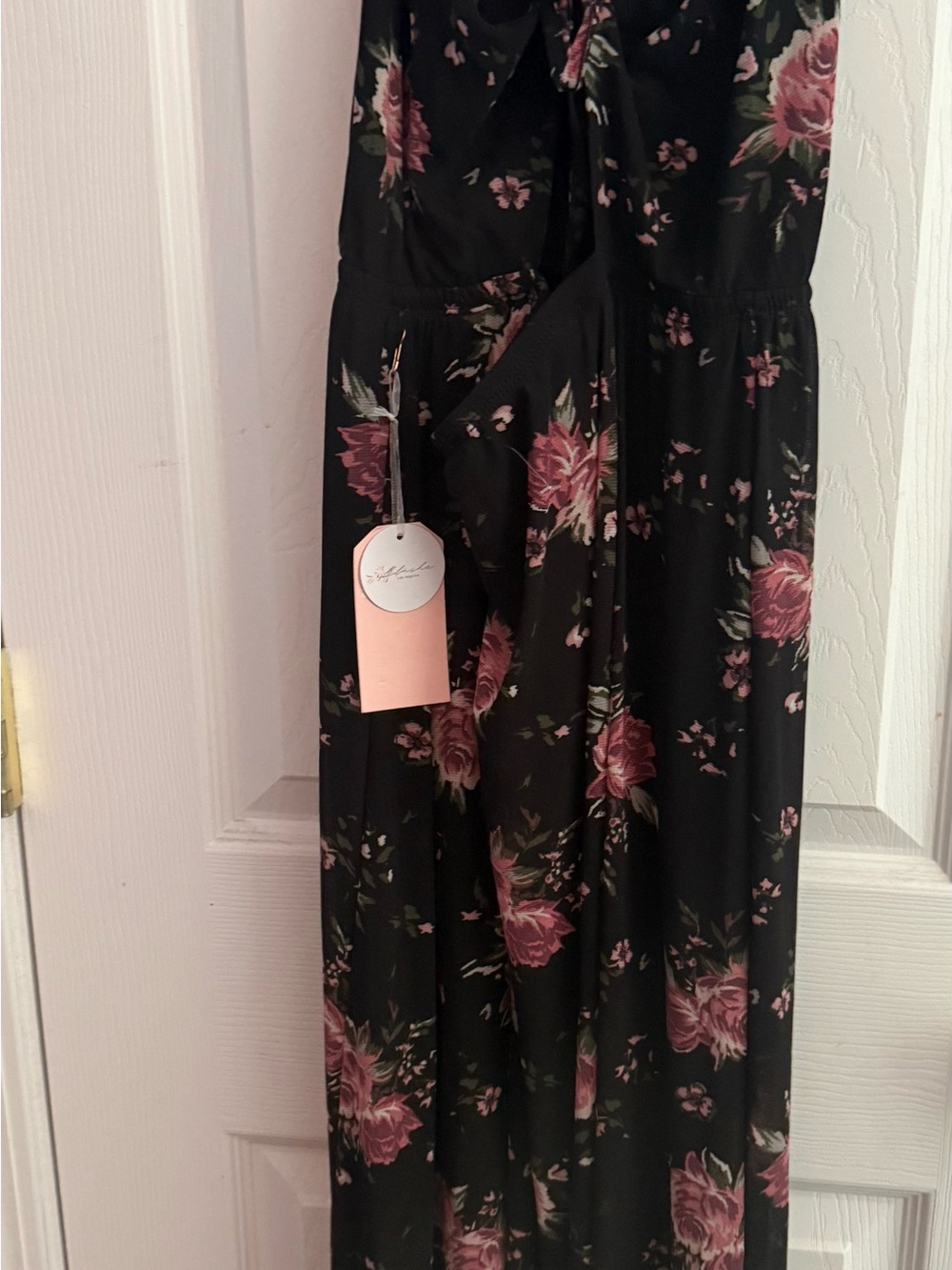 Black Floral Maxi Dress with Pink Rose Print